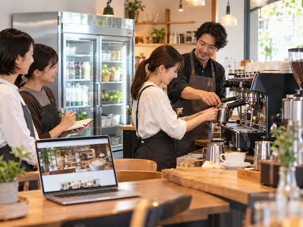 改装したカフェ教室で業務用エスプレッソマシンを使ったバリスタ実習を行う様子と業務用冷蔵庫のイメージ