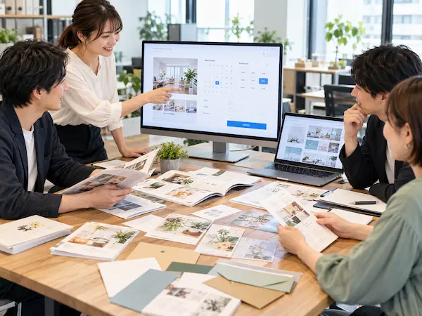 ホームページ制作会社が予約システムの開発画面を確認しながらカタログ制作とDM広告の打ち合わせを行う様子