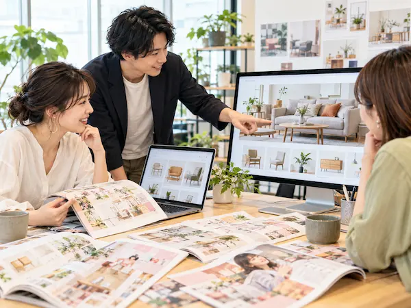 チェア・ソファ専門ECサイトの開発と女性向けフリーペーパー広告の制作について打ち合わせを行う様子