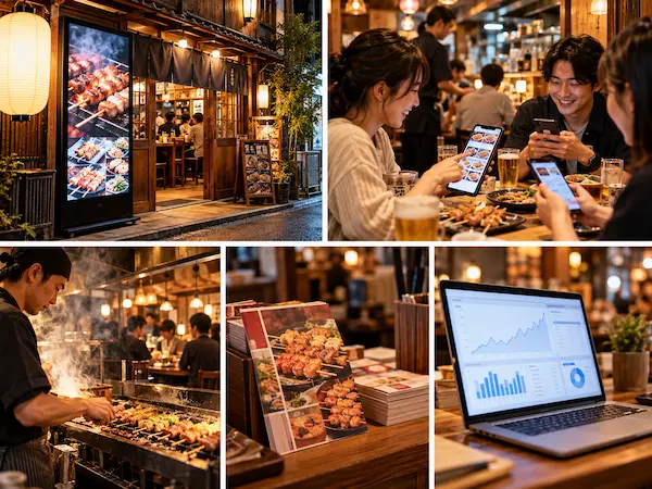 串焼き居酒屋のデジタルサイネージ設置とスマートフォンによるモバイルオーダー、Web広告・ポスティング広告のイメージ