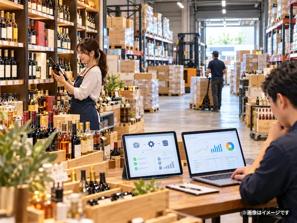 酒販店の倉庫増床とRPAシステムによる在庫管理の効率化をイメージした店舗・倉庫の風景