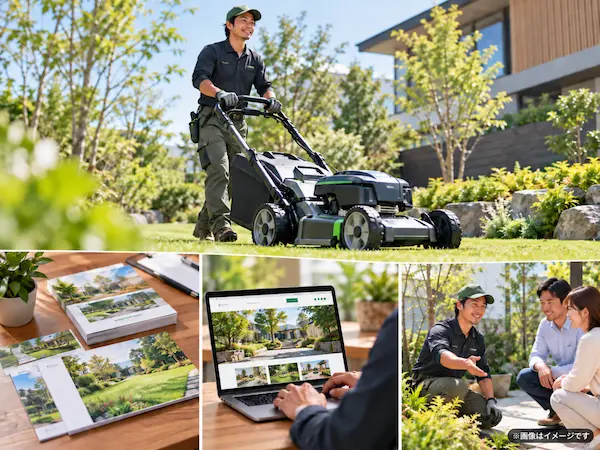 新型芝刈り機による作業効率化とホームページ開設・DM広告による販促活動のイメージ