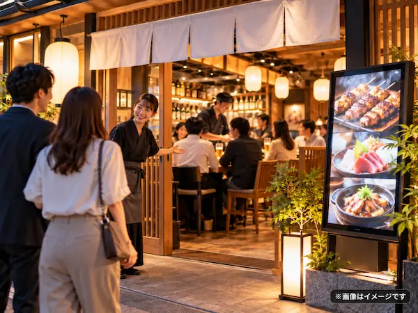 店舗リニューアル工事とデジタルサイネージ導入により集客力を高めた居酒屋のイメージ