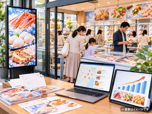 デジタルサイネージを設置した冷凍食品販売店とWeb広告・MEO対策による集客強化のイメージ