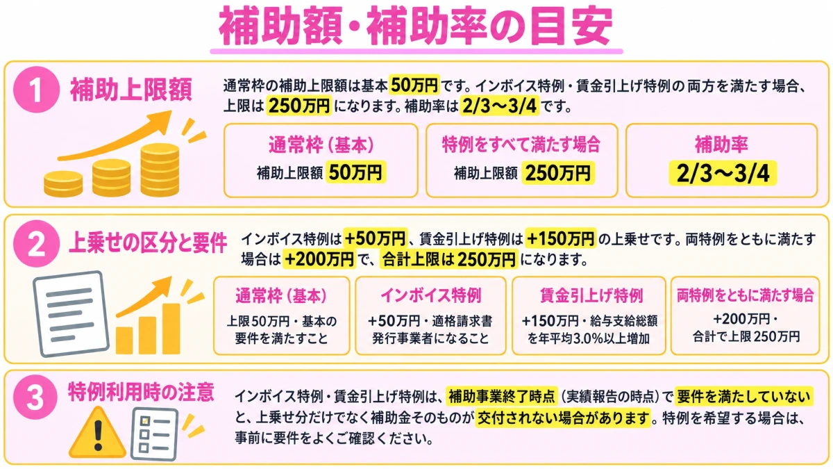 補助上限額は通常枠50万円、特例を満たすと250万円、補助率2/3〜3/4、上乗せ要件と注意点の一覧
