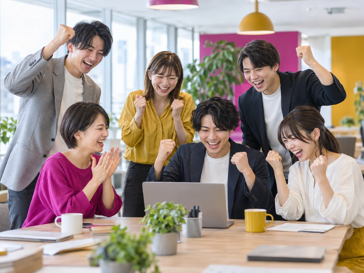採択されて喜んでいる姿の中小企業の従業員